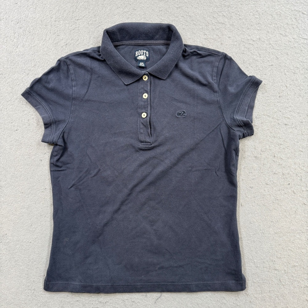 Roots Polo Shirt Women's Medium Navy Blue Short Sleeve Pique Slim Fit Athleisure